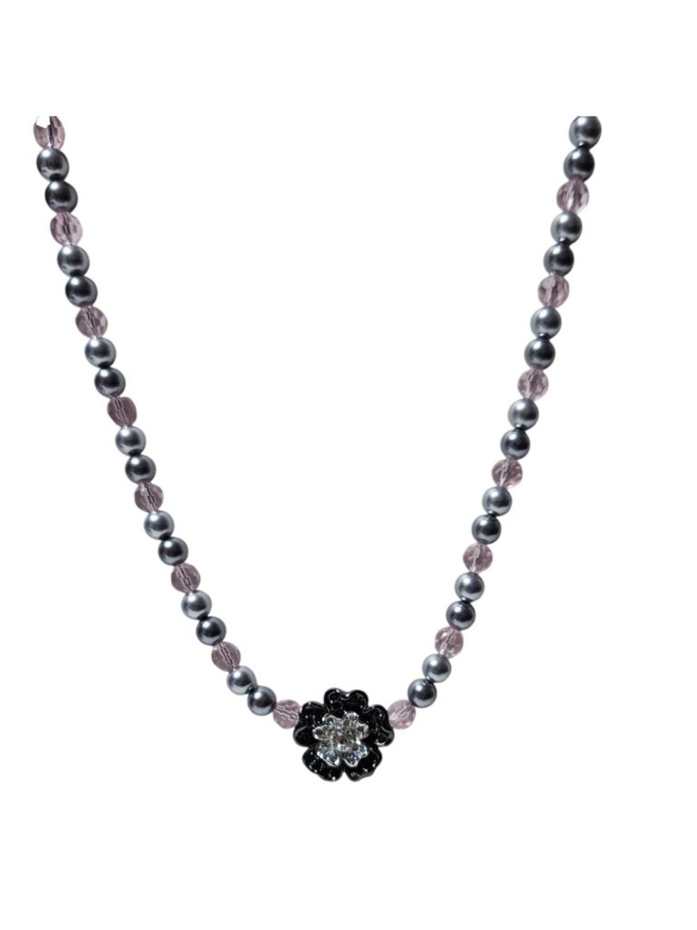 Elegant Crystal Flower Pendant Necklace Black Pink Beads Retro Fashion Jewelry
